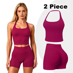GYMER Seamless Halter Top & Butt Lifting Impact Shorts 2 Piece Workout Set | Scrunch Butt Gym Outfit for Women