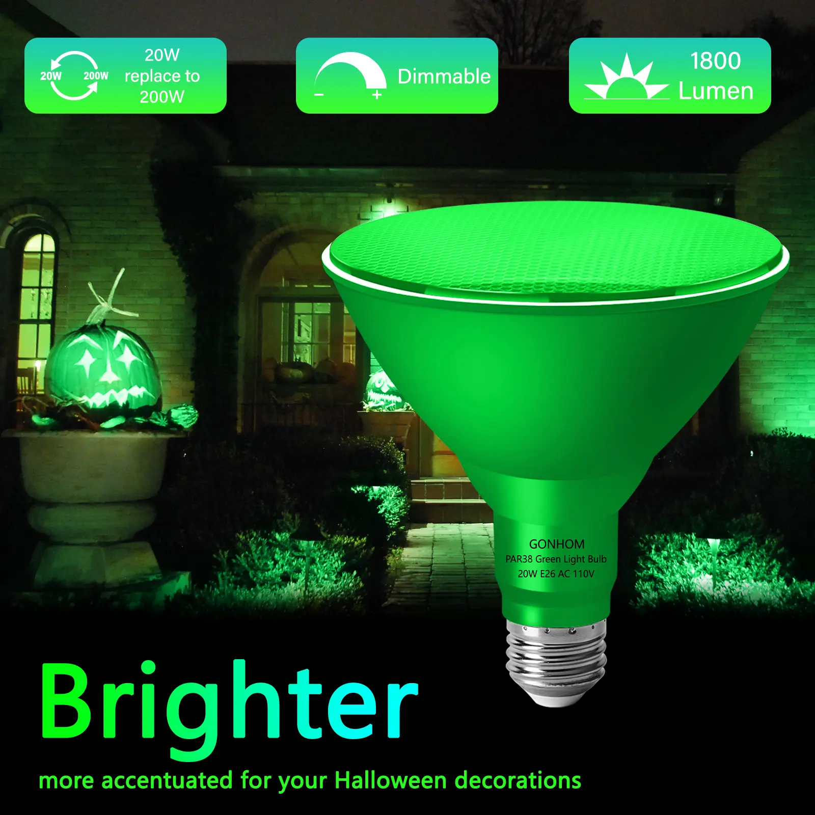 Wide PAR38 Green LED Flood Light Bulb, 20W Power E26 Base, 120V AC Accent Light for Indoor Outdoor Landscape, Party Lighting