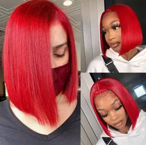 AMZHAIR Bug Color Gluless Wigs 13x4 Lace Frontal Short Bob Wigs Human Hair Virgin Raw Vietnamese Hair Red Color 180% Density Silky Bone Straight Human Hair Wigs for Black Women