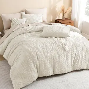 King Size Comforter Set Beige, 3 Pieces Cream Tufted Boho Farmhouse Bedding, Lightweight Fluffy All Season Bed Set includes 104x90In Comforter and 2 Pillowcases