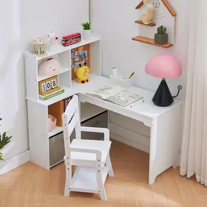 GAOMON Kids Corner Desk, Desk and Chair Set for Children, L Shape Kids Study Table - Features Bulletin Board Open Shelves & Storage Cabinets and Cloth Drawers,White