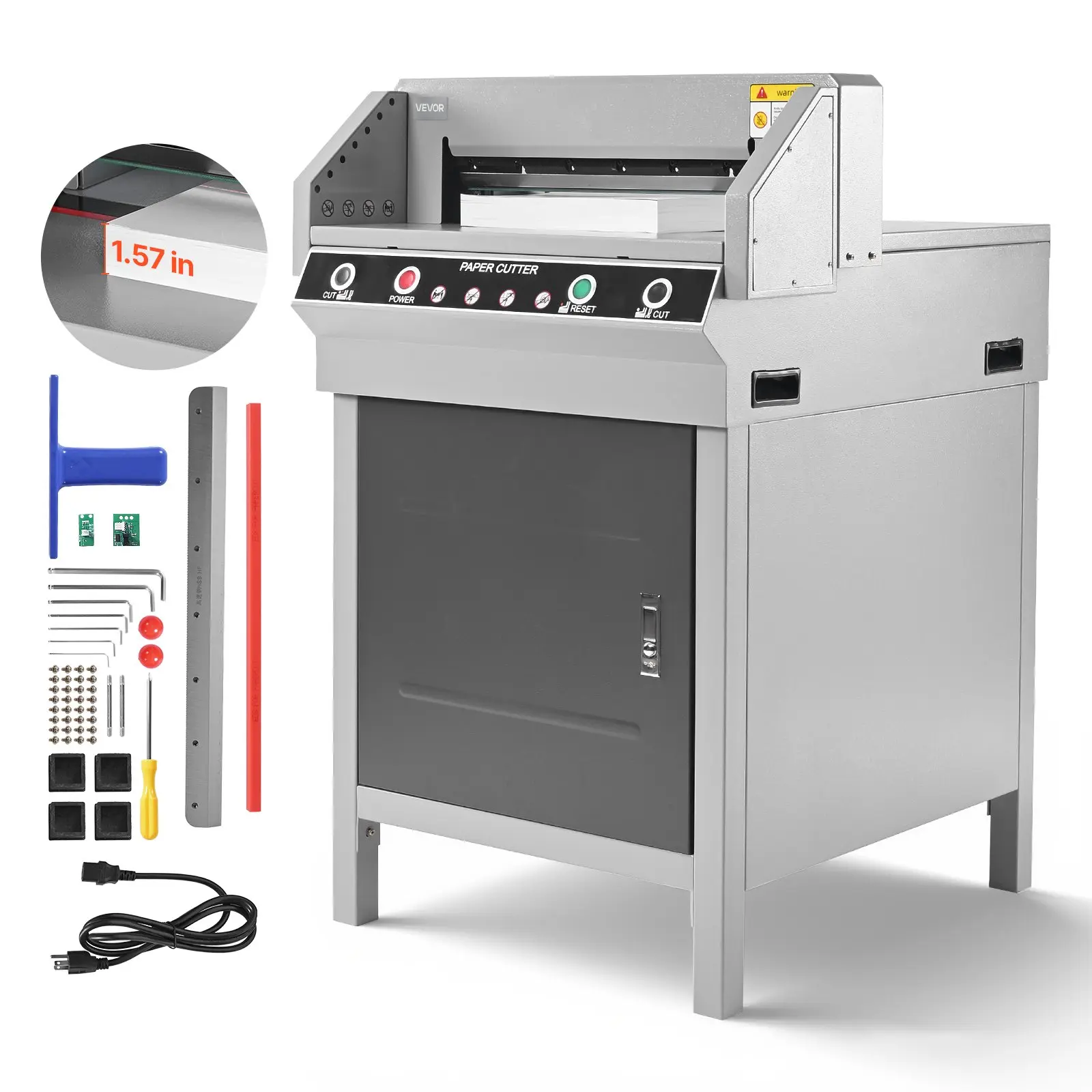 【Summerfinds】VEVOR G450V+ Heavy-Duty Metal Electric Paper Cutter Guillotine Trimmer, 17.72in Width, 1.57in Thickness, 203.93lbs Capacity, Infrared Function, Spare Blade, Emergency Stop, Dual Keys, Pusher, 25.59x30.31x39.76in, for Menus, Complete Tools, Fl