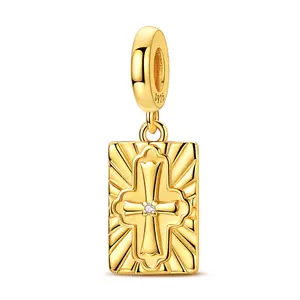 MULA 14K gold-plated cross pendant, 925 sterling silver religious pendant, set with cubic zirconia, Christian cross jewelry gift, compatible with Pandora bracelets and necklaces.