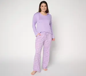 MUK LUKS Long Sleeve Hooded Lace Neckline Pajama Set