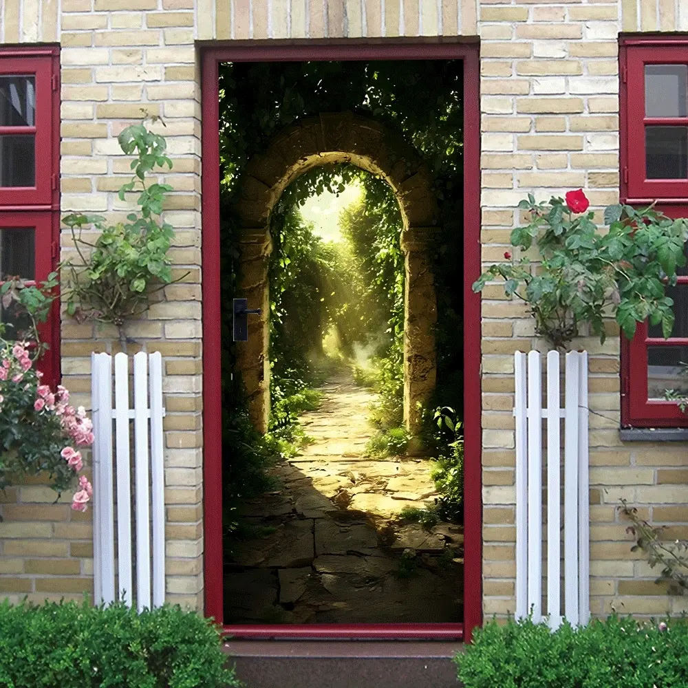 2pcs Vintage Stone Archway Wall Sticker Stereo Design with Sunlight Through Green Plants Natural Landscape Pattern Self Adhesive Decorative Mural for Living Room Bedroom Waterproof Removable Home Decorat