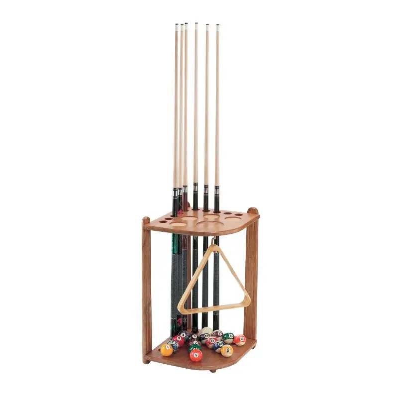 Ergonomic Solid Wood Corner Fit Cue Rack with Oak Finish, Gameroom Furniture for 10 Cue Sticks, Billiard Balls, 4 Drinks & Accessories, Billiard Set Storage Stand