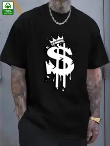 Men's Navy Blue Dollar Sign Graphic T-Shirt - Crowned Money Design Casual Streetwear Tee - Soft Breathable Cotton Shirt for Everyday & Formal Outfits - Machine Washable Summer Top, Outdoor Clothing, Trendy Casualwear