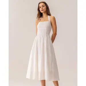 White Embroidery Halter Midi Dress
