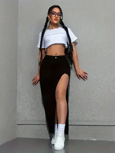 Women's Solid Color Slit Skirt, Casual Fashion Skirt for Daily Outdoor Wear, Women's Bottoms for Summer