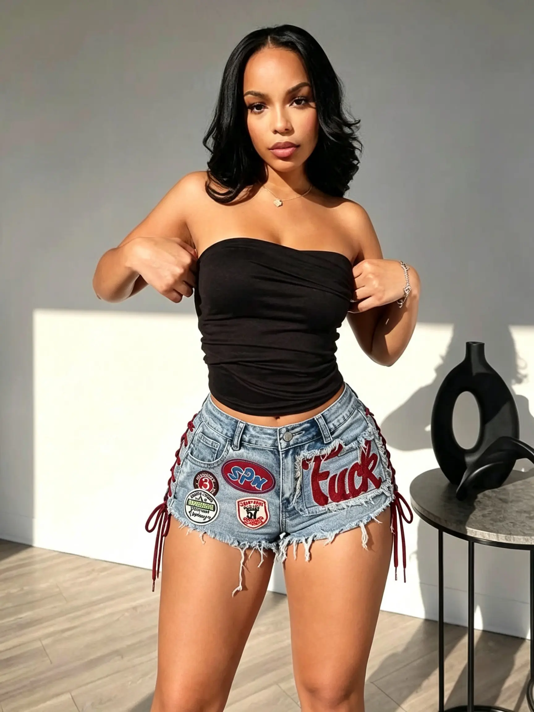 Vintage Patchwork Light Blue Denim Hot Shorts for Women, Side Red Lace Up Fringed Hem Slim Mini Skort, Multi Embroidered Badge Decor High Waist Jean Bottoms, Comfort Soft Denim Textile, Versatile Summer Bottom Wear to Match Crop Tops
