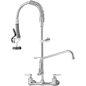 VEVOR Commercial Faucet with Pre-Rinse Sprayer, 8" Adjustable Center Wall Mount Kitchen Faucet with 12" Swivel Spout, 43" Height Compartment Sink Faucet for Industrial Restaurant, Lead-Free Brass