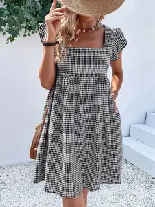 Square Neck Butterfly Sleeve Smock Dress Ladies Cute Ruffle Cap Sleeve Square Neck Regular Fit Short Brown Flounce Sleeve Gingham Smock Women Short Dresses Spring Summer Casual Daily Wear Vacation Beach Outfit - Fabric