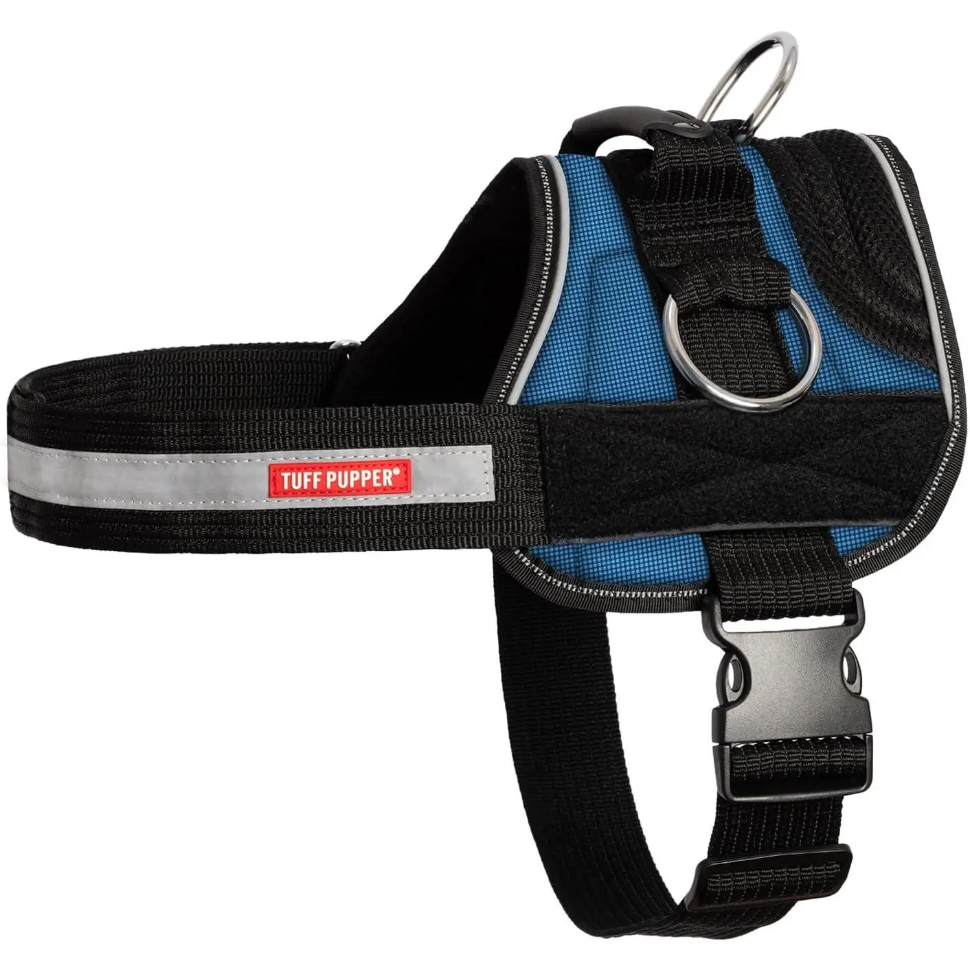 Tuff Pupper Fast Fit Harness for Large Dogs| No Pull No Choke, Escape-Proof| Rugged Padded Breathable Vest| Traffic Control Handle| 3 Leash Clips| Reflective Trim| Easy On Off (L, Blue)