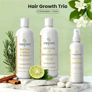 Mayam Beauty Hair Growth Bundle - 3-Step Set with Biotin Cinnamon Rosemary & Peptides Bergamot Shampoos & Minoxidil Tonic for Stronger Thicker Hair Made in Mexico