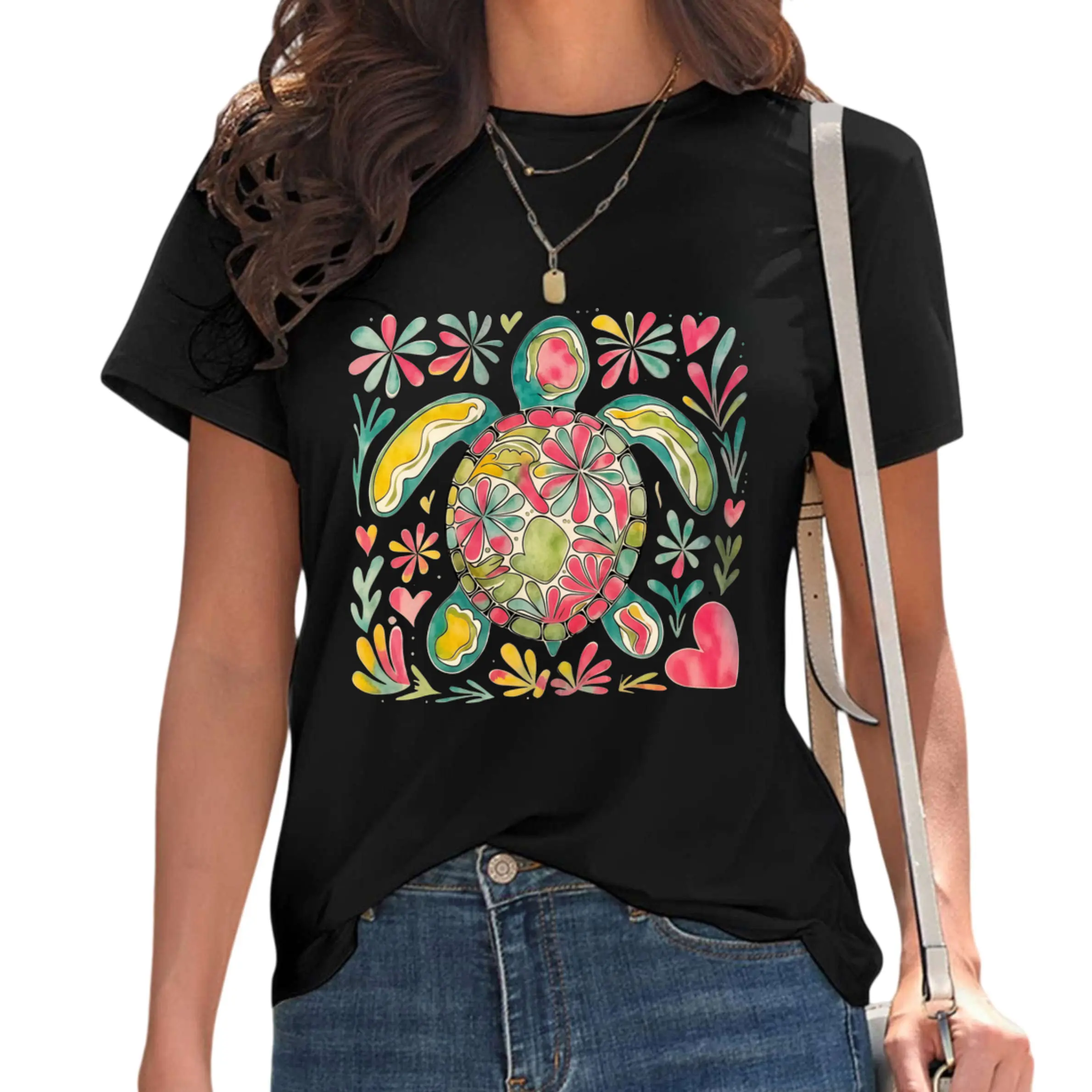 Sea Turtle Shirt Women Boho Floral Graphic Tee Plus Size Beach Vacation Top