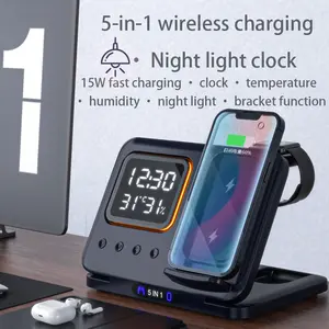 Wireless charger with three in one and three levels dimming  multifunctional clock and night light  foldable for use with Apple phone watch stand and base