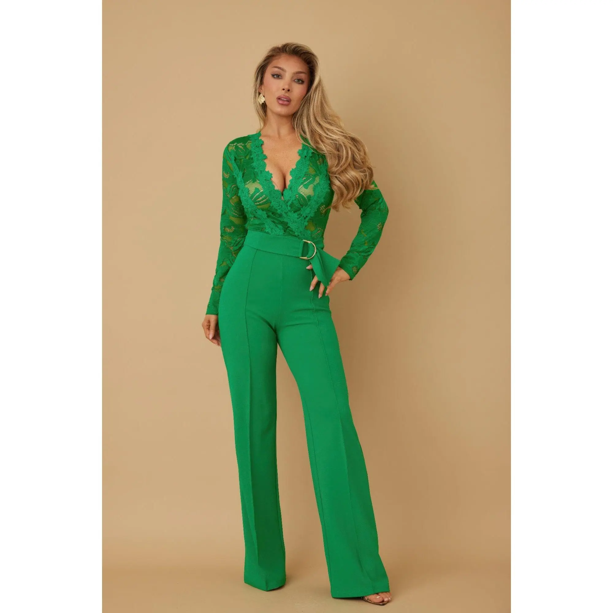 Women's Elegant Long-Sleeve Lace Crochet Jumpsuit - Comfortable Fabric Overall