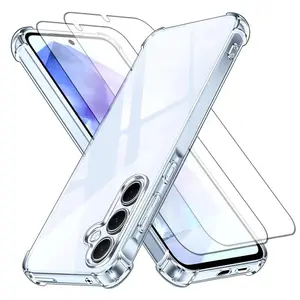 Shockproof Phone Case with 2 Screen Protectors, Clear Transparent Phone Cases Compatible with Samsung Galaxy A15 A16 A35 A36 A55 A56 S25 S24 S23 FE S25 Edge A54 A34 A14, Cover, Tempered Glass Case