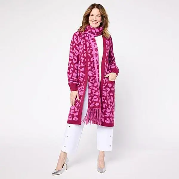 C. Wonder C Wonder Jacquard Knit Coatigan Topper with Scarf