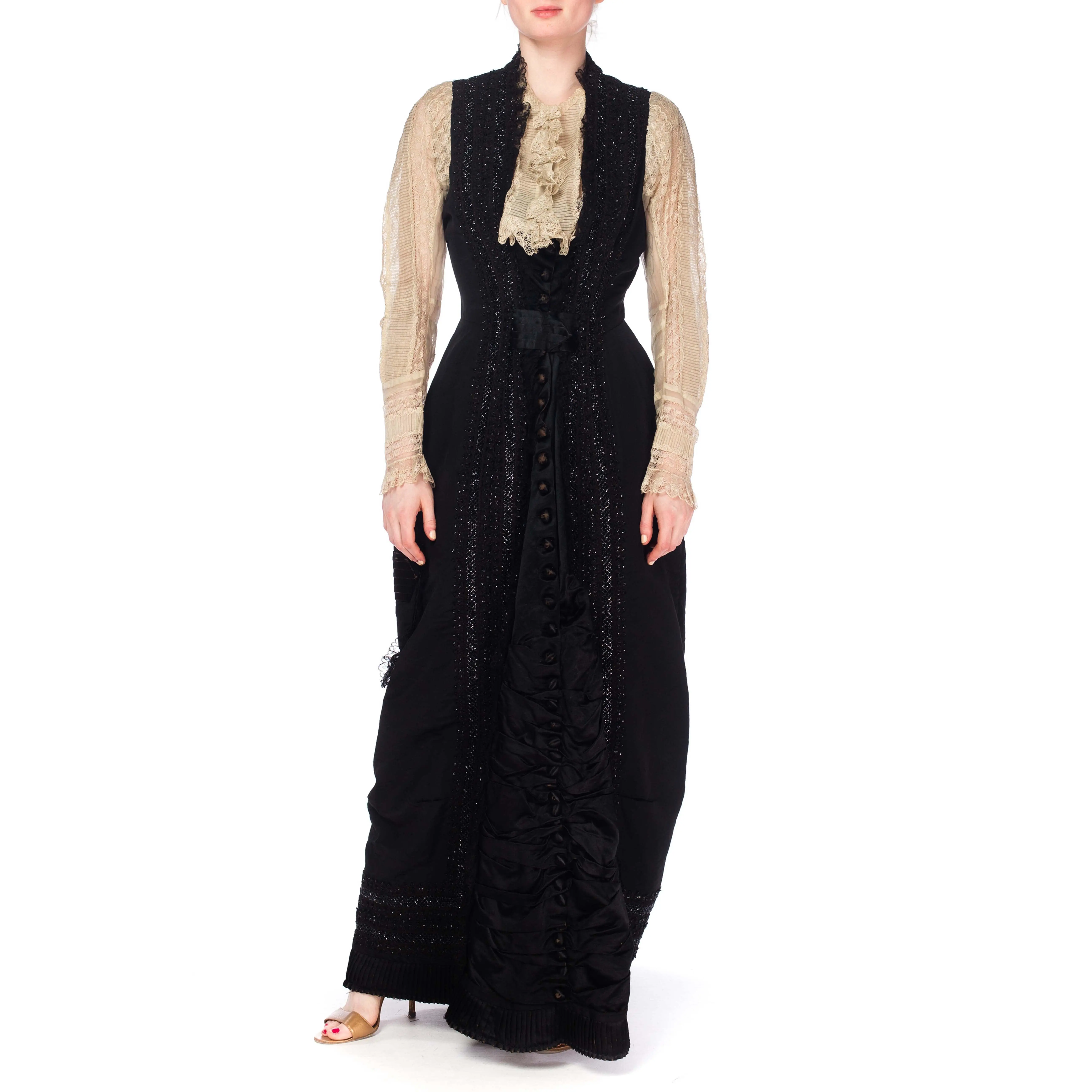 Victorian Black & White Haute Couture Silk Organdy 1880S Bustle Dress With Beaded Trim