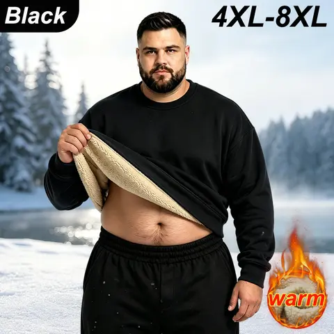 【4XL-8XL】Men’s winter fleece-lined plus-size solid-color sweatshirt, relaxed oversized fit, versatile minimalist design, comfortable and breathable long sleeves—ideal for daily commuting, home leisure, and travel.