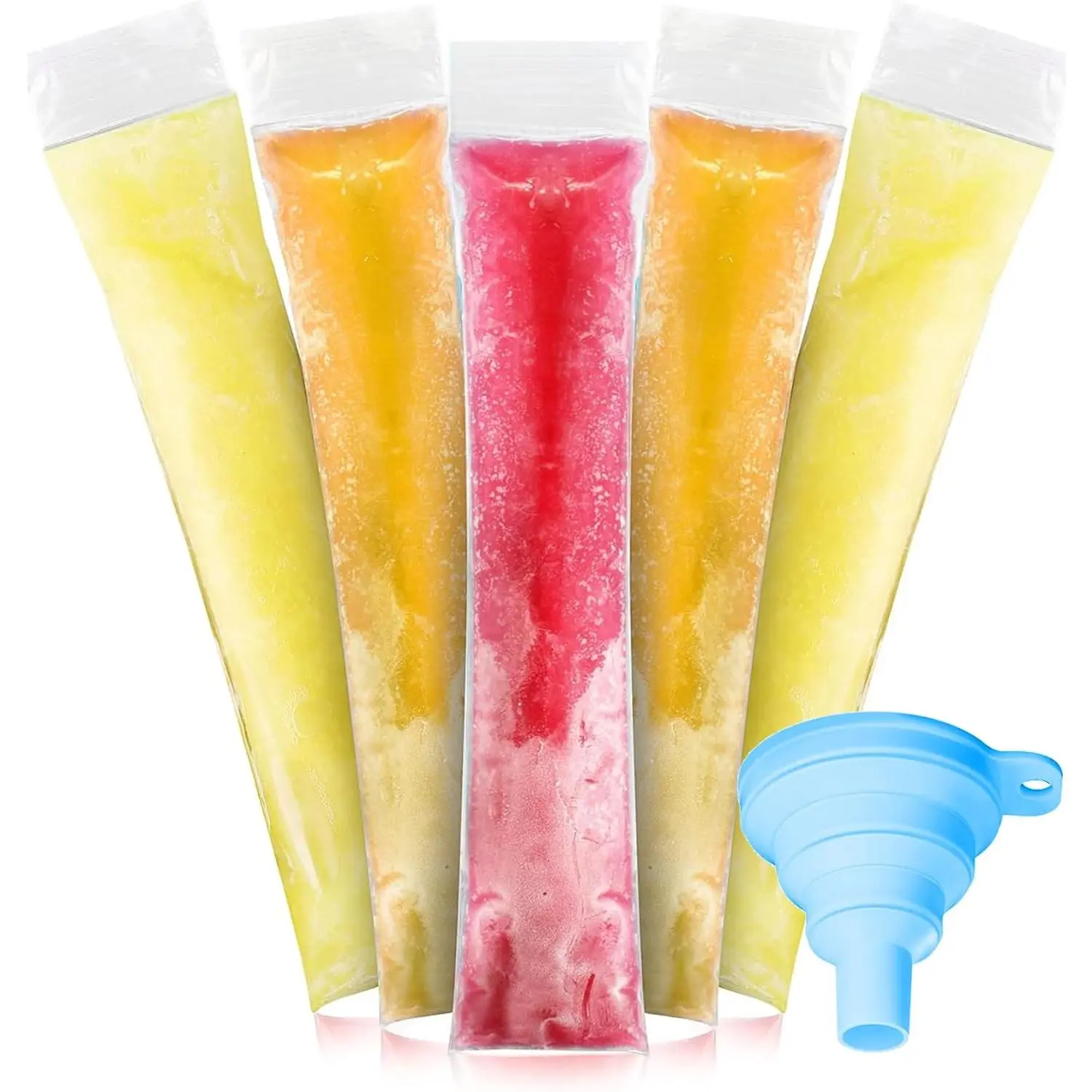 Disposable Ice Popsicle Mold Bags, 100 Pack 11.0"W x 2.2"H BPA-Free Freezer Pop Bags with Zip Seals & Funnel for Healthy Snacks Yogurt Sticks Juice & Fruit Smoothies
