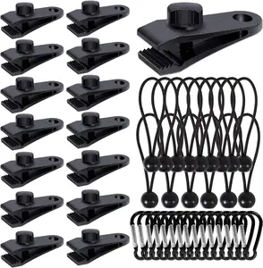45 count Tarp Clips Heavy Duty Lock Grip with Carabiner Clips and Bungee Cords Set, Tarp Clamps Shark Tarp Fasteners Awning Clips Tent Clips Tarp Tie Down for Awnings Camping Caravan Canopies