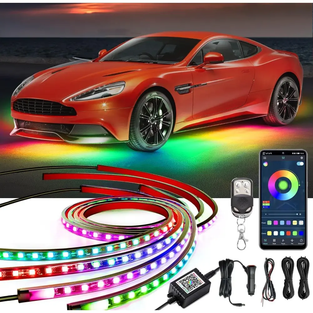 Underglow Lights, 252 LEDs RGBIC 4 pcs Dream Color Dancing Chasing Strip Lights with 16 Million Colors and 213 Scene Modes with App and Remote Control, 5 Music Modes For All Cars