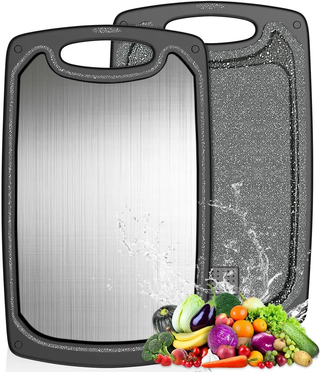 Food-grade 304 Single Stainless Steel Chopping Board for Kitchen,15''x10'',Small Black Plastic Metal Cutting Board Dishwasher Safe Double Sided Juice Groove, Easy Grip Handle, Non-Slip Durable Knives Garlic Meat Thick Sturdy