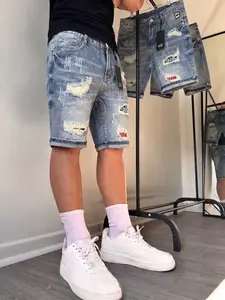 ZANTO Men Y2K Ripped Patch Denim Shorts Vintage Distressed Streetwear Cotton Designed Jean Shorts Menswear Casual Fashion