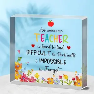 Flower & Letter Pattern Clear Acrylic Block, 1 Count Teacher Appreciation Day Gift for Women Teacher, Birthday Gift, Art Craft Ornament Gift, Decor
