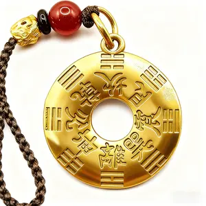 Protection Charm Pendant Ancient Chinese Talisman Coin for Safety Good Fortune with Gold Finish and Red Bead for Ceremony