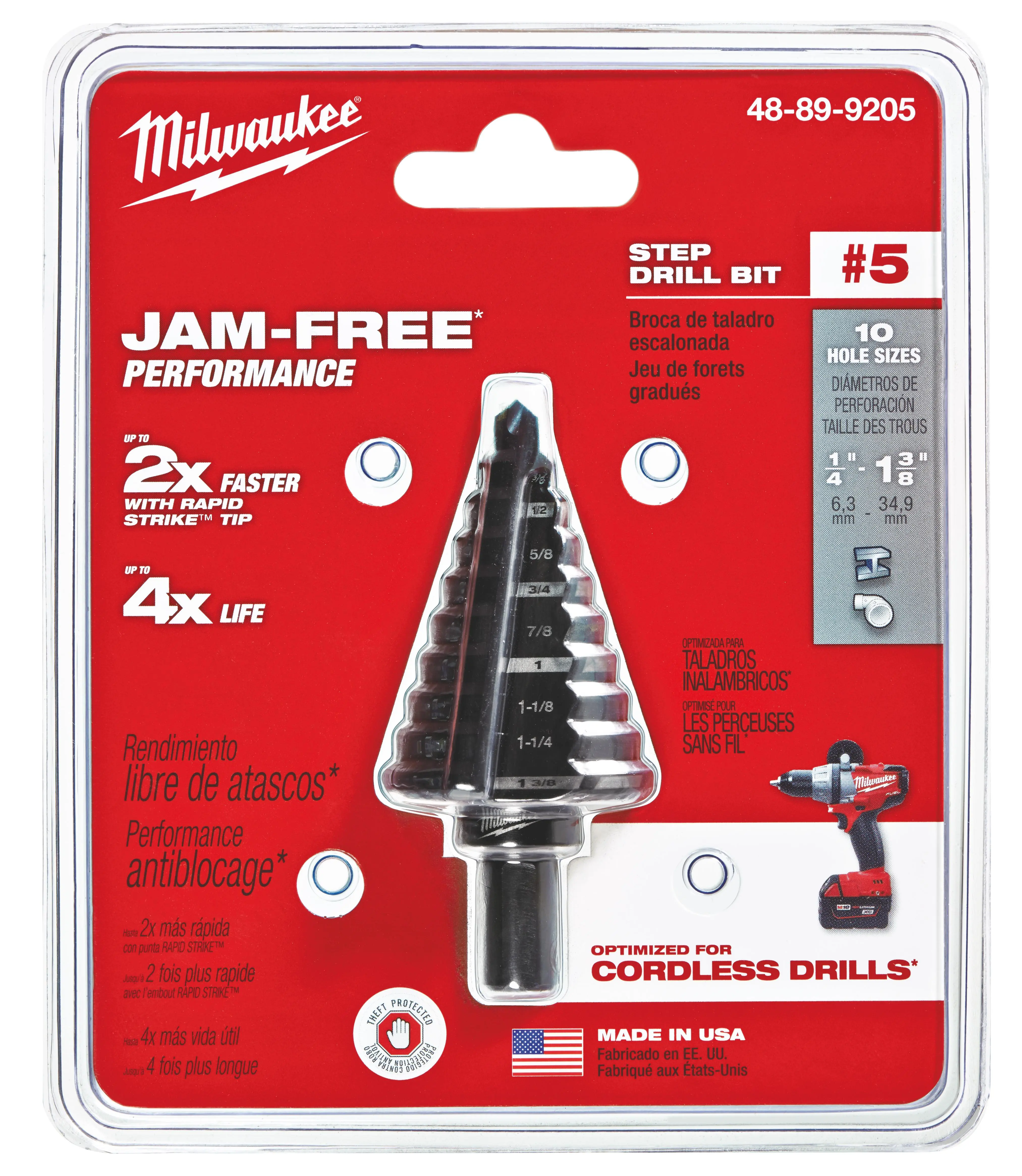 Milwaukee 48-89-9205 #5 Black Oxide Step Drill Bit, 1/4 in.-1-3/8 in. Inches, Jam-Free Tip, Ideal for Cordless Users & Metal Surfaces