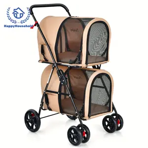 Pet Accessories 4-in-1 Double Pet Stroller W/ Detachable Carrier Travel Carriage For Cats Beige