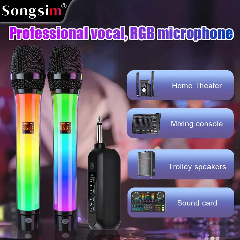 Songsim WX82 Dual-Channel Portable Wireless Microphones - Built-in Dynamic RGB Lighting, Universal Compatibility, Easy Plug-and-Play Setup for Couple Duets, Home Karaoke