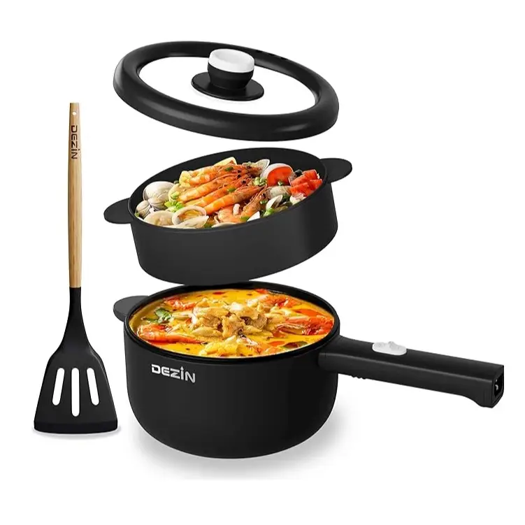 Dezin Electric Cooker, 2L Non-Stick Sauté Pan, Rapid Noodles Cooker, Mini Pot for Ramen with Power Adjustment, Dorm Room Essential .Black(Egg Rack Inc