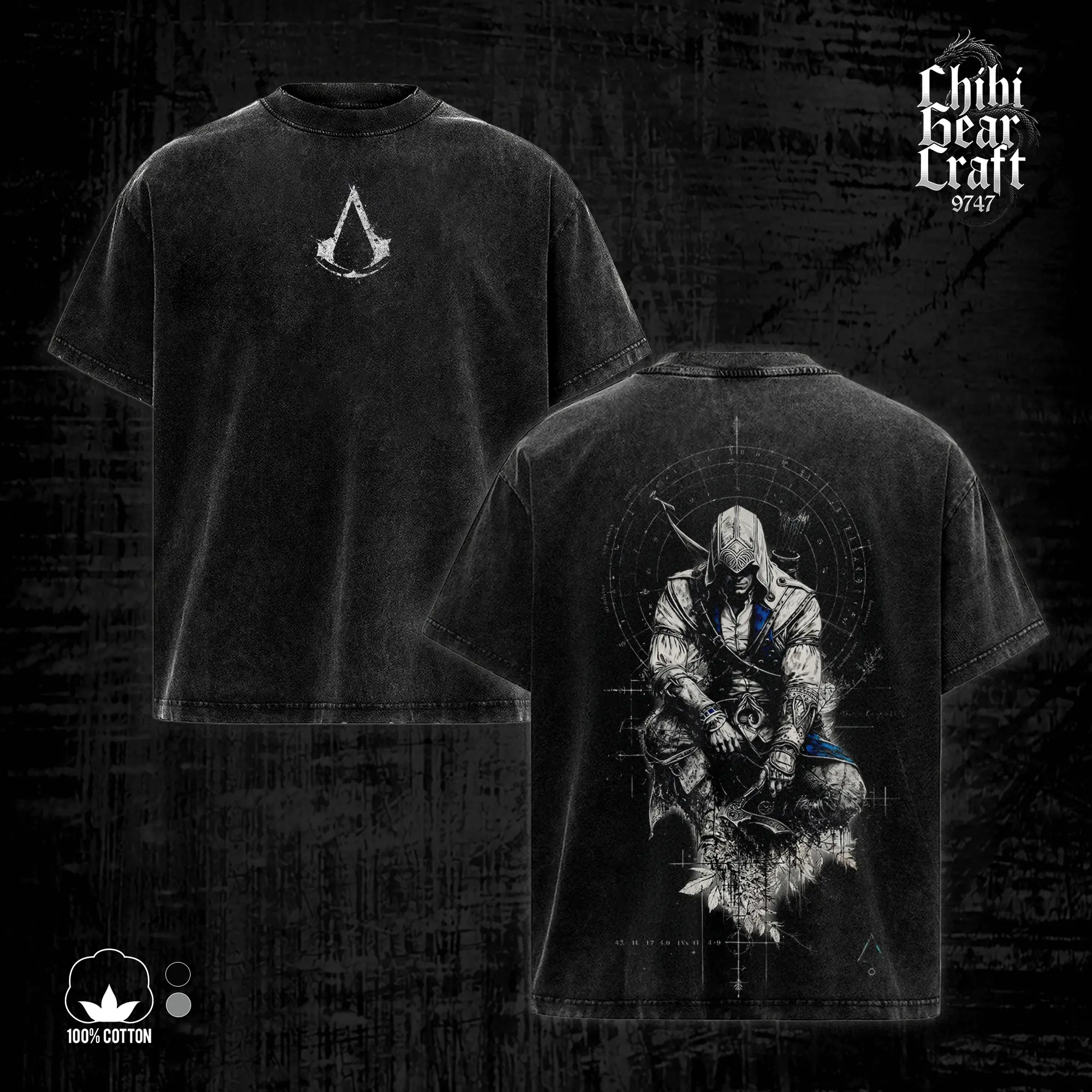 Assassin's Creed Tee Hidden Blade Warrior Sketch Art Vintage Acid Washed Oversized T-Shirt Hoodie Tank Top Stealth Action Gamer Graphic Top Faded Black Techwear Casual Summer Outfits Video Game Fan Merch Gift For Gamer