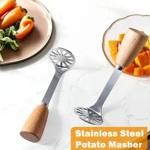 2 Counts Stainless Steel Potato Masher, with Wood Non Slip Handle for Comfortable Effortless Kitchen Use