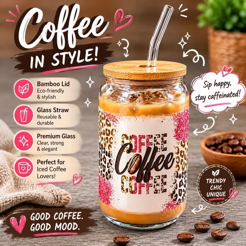 16oz Glass Coffee Can Cup with Bamboo Lid and Glass Straw, Iced Coffee Beverage Container