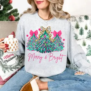 Christmas Sweatshirt Merry & Bright Xmas Tree, Pink Holiday Pullover with Festive Bow and Lights, Cute Jolly Tee, Merry Christmas Mom Crewneck Apparel Cotton