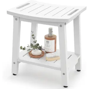 Shower Bench for Inside Shower - White HDPE Shower Stool  -  Bathroom Seat Chair with Handle, Storage Shelf, Adjustable  - Indoor/Outdoor, Weather Resistant
