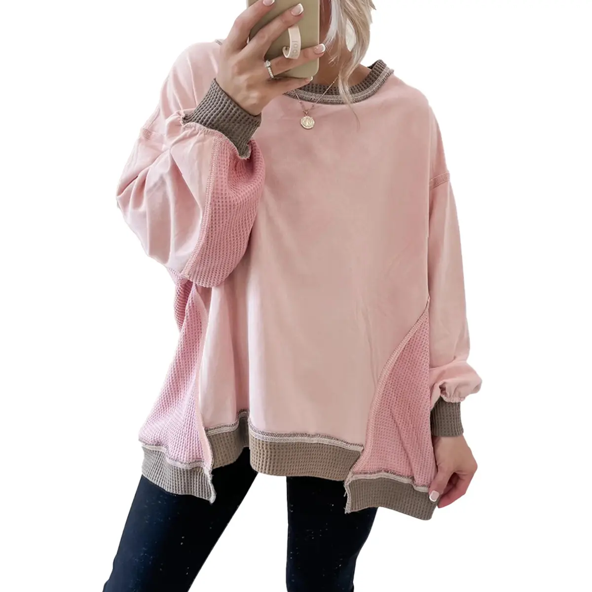 Mntaor Women's Casual Light Pink Oversized Color Block Sweatshirt with Waffle Knit Trim Cozy Loungewear Pullover for Comfort,Winteroutfit