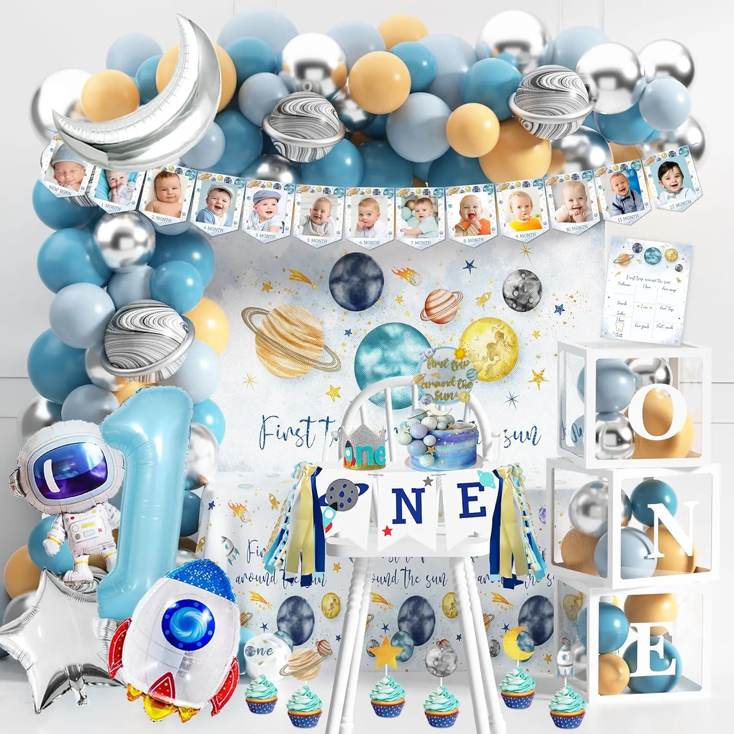 First trip around the sun birthday party decorations for boy 1st birthday supplies first trip around the sun backdrop balloons garland monthly photo banner space theme 1st birthday party decor