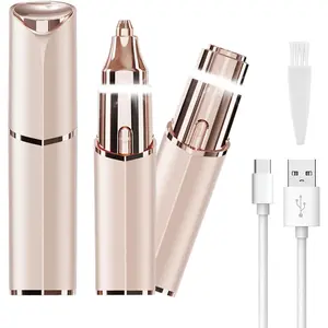 Facial Hair Removal Eyebrow Trimmer - Facial Shaver Device 2 in 1 Remover for Face Peach Fuzz Eyebrow Nose Ear Hair Chin Lips Armpit with LED Light Rechargeable for Women Men Travel Size (Gold)