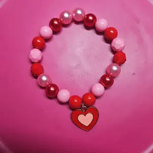 Pink and Red Pearl Bracelet with Heart Charm - Fashion Jewelry
