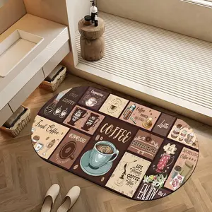 Vintage Coffee Themed Patchwork Absorbent Diatomaceous Earth Oval Bath Mat Non Slip Rubber Backed Fast Dry Shower Mat Thin Bathroom Rugs Floor Mat