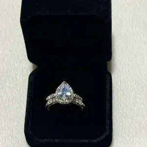 Sparkling Pear Cut Halo Bridal Ring Set - Teardrop Engagement & Eternity Band Set - Luxury Jewelry