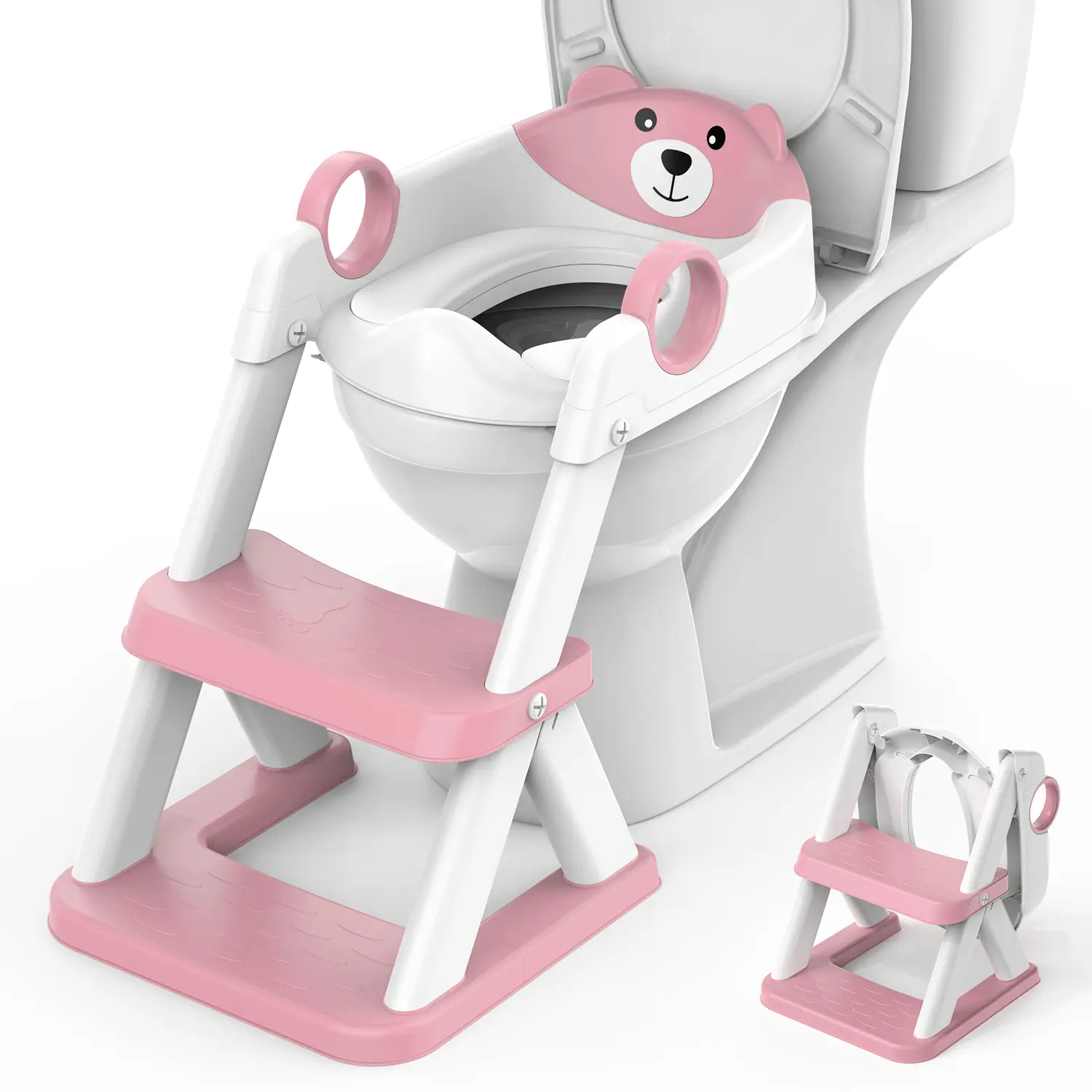 BabyBond 2-in-1 Foldable Potty Training Toilet Seat with Step Stool for Toddlers, Anti-Slip & Adjustable Height with Safety Handles, Cute Pink Potty C