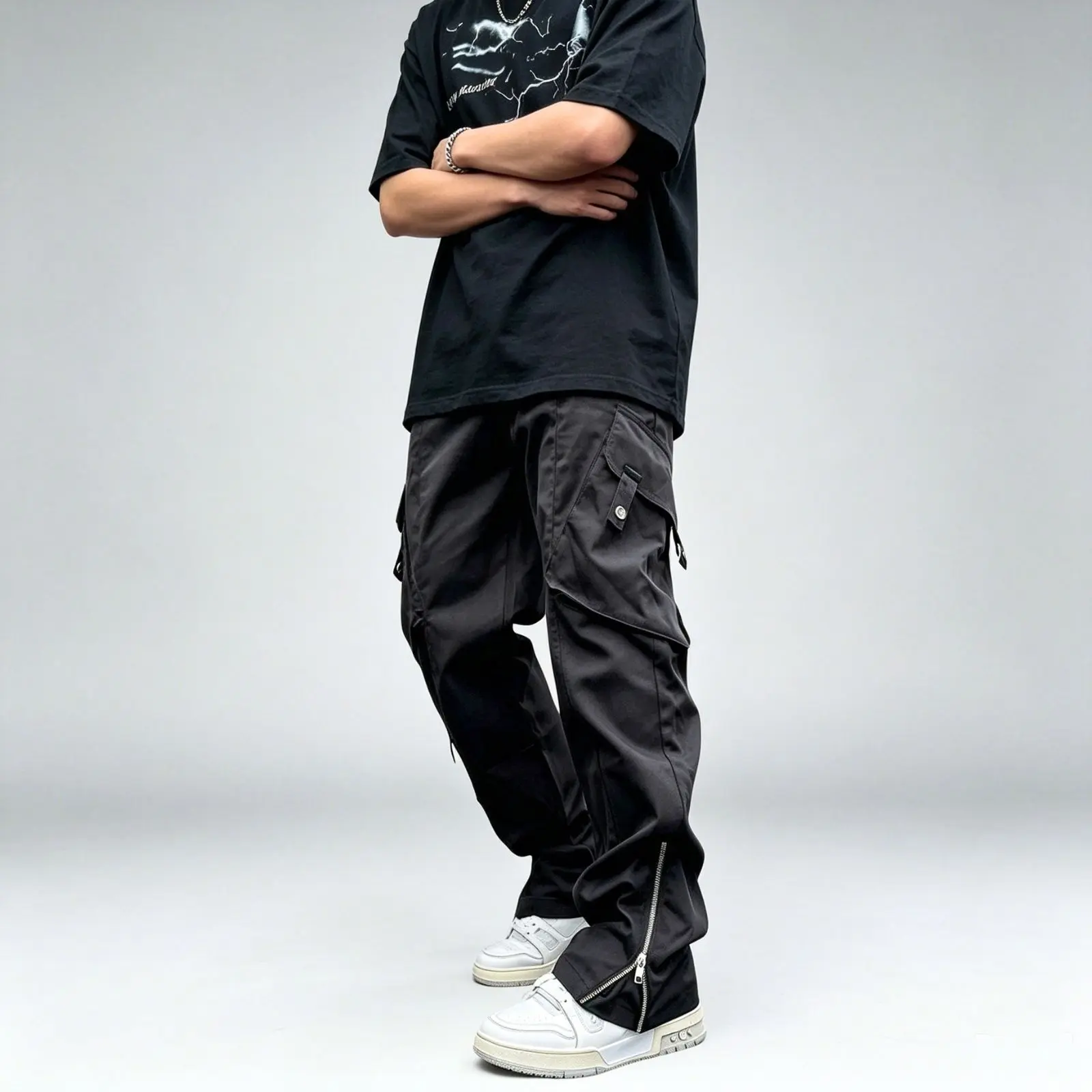 Men's Casual Baggy Cargo Pants, High-Street Style with Zippered Flare Legs and a Drawstring Waist, Personalized, Oversized, Stylish, Fashion Apparel, Polyester, Flared Legs