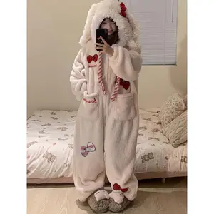Adorable Bow Hooded Onesie Pajamas, Long Sleeve Zip-Up Cosplay Party Sleepwear with Thickened Fleece for Warmth and Wearable Hoodie, Suitable Carnival Halloween Music Festival Costume Ball Can be used with raincoatGift